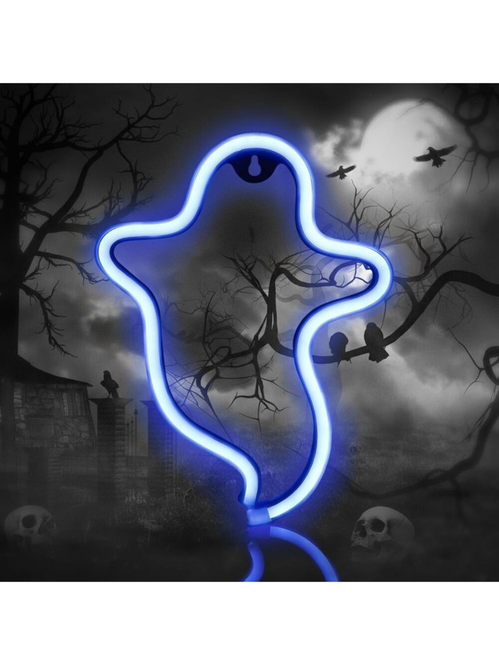 Blue LED Ghost Neon Sign Light Halloween Wall Art Hanging Window Bedroom Decor